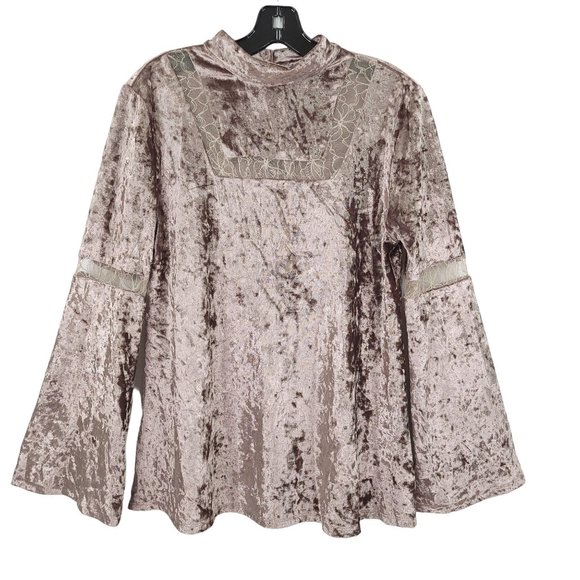Entro Womens Velvet Top Size S Bell Sleeves Lace Mauve Mock Neck Blouse Boho - Picture 1 of 12